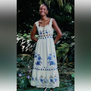 FARM Rio White and Blue Embroidered Maxi Dress